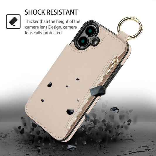 For iPhone 16 Plus RFlD Anti-theft Double Buckle Ring Zipper Card Phone Case(White) - iPhone 16 Plus Cases by buy2fix | Online Shopping UK | buy2fix