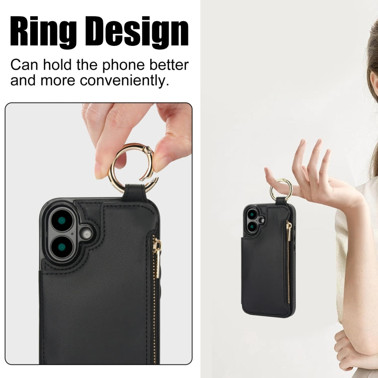 For iPhone 16 RFlD Anti-theft Double Buckle Ring Zipper Card Phone Case(Black) - iPhone 16 Cases by buy2fix | Online Shopping UK | buy2fix