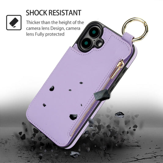 For iPhone 16 RFlD Anti-theft Double Buckle Ring Zipper Card Phone Case(Purple) by buy2fix