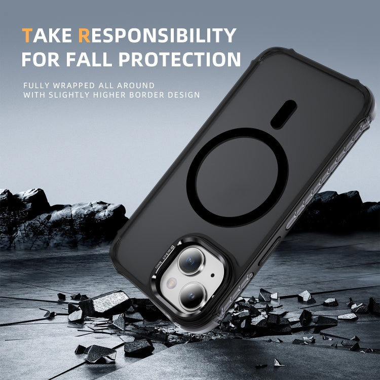 For iPhone 15 Plus Rainbow Series Skin Feel MagSafe Lens Holder Phone Case(Black) by buy2fix