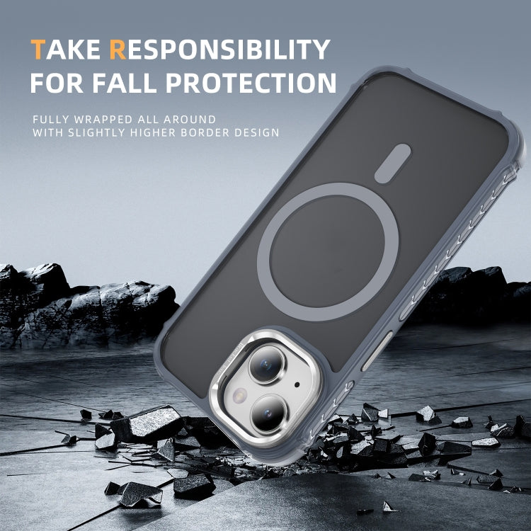 For iPhone 14 Plus Rainbow Series Skin Feel MagSafe Lens Holder Phone Case(Grey) by buy2fix