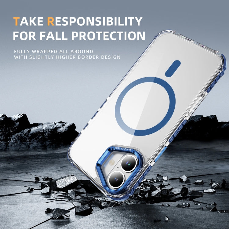 For iPhone 16 Rainbow Series Transparent MagSafe Lens Holder Phone Case(Blue) by buy2fix