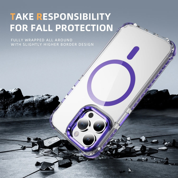 For iPhone 15 Pro Rainbow Series Transparent MagSafe Lens Holder Phone Case(Purple) by buy2fix