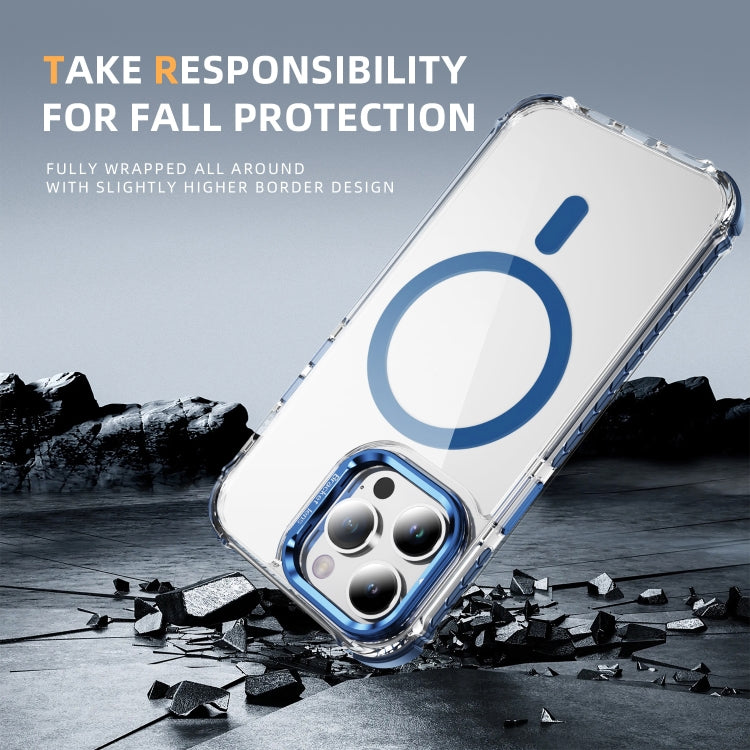 For iPhone 14 Pro Rainbow Series Transparent MagSafe Lens Holder Phone Case(Blue) by buy2fix