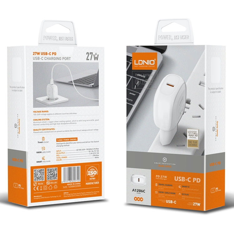 LDNIO A1206C PD27W USB-C / Type-C Fast Charger with 1m 8 Pin Cable, Plug Type:EU Plug(White) by LDNIO
