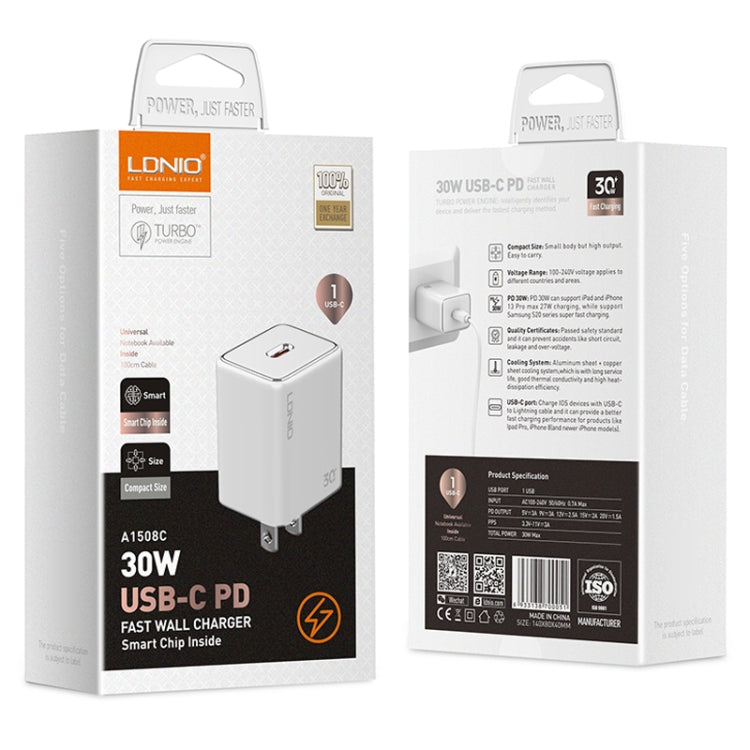 LDNIO A1508C PD30W USB-C / Type-C Fast Charger with 1m 8 Pin Cable(White) by LDNIO
