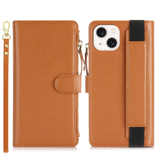 For iPhone 15 Plus Wristband Holder Zipper Purse RFID Leather Phone Case(Brown) - iPhone 15 Plus Cases by buy2fix | Online Shopping UK | buy2fix