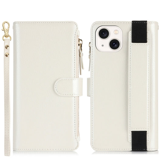 For iPhone 15 Plus Wristband Holder Zipper Purse RFID Leather Phone Case(White) - iPhone 15 Plus Cases by buy2fix | Online Shopping UK | buy2fix