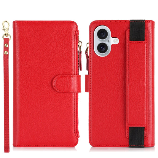 For iPhone 16 Plus Wristband Holder Zipper Purse RFID Leather Phone Case(Red) by buy2fix