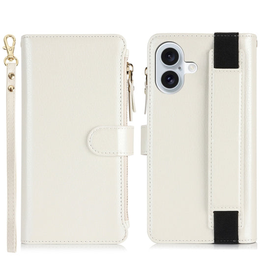 For iPhone 16 Plus Wristband Holder Zipper Purse RFID Leather Phone Case(White) by buy2fix
