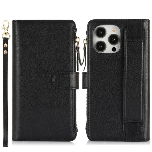 For iPhone 16 Pro Wristband Holder Zipper Purse RFID Leather Phone Case(Black) - iPhone 16 Pro Cases by buy2fix | Online Shopping UK | buy2fix