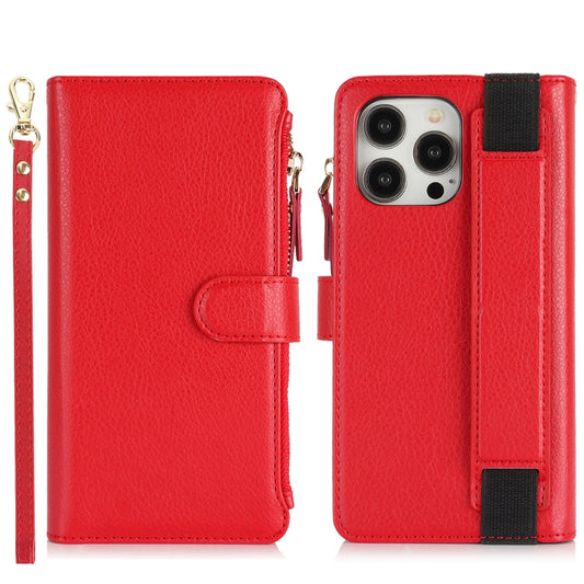 For iPhone 16 Pro Wristband Holder Zipper Purse RFID Leather Phone Case(Red) - iPhone 16 Pro Cases by buy2fix | Online Shopping UK | buy2fix