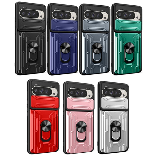 For Google Pixel 9 / 9 Pro Sliding Camshield TPU+PC Phone Case with Card Slot(Dark Green) by buy2fix