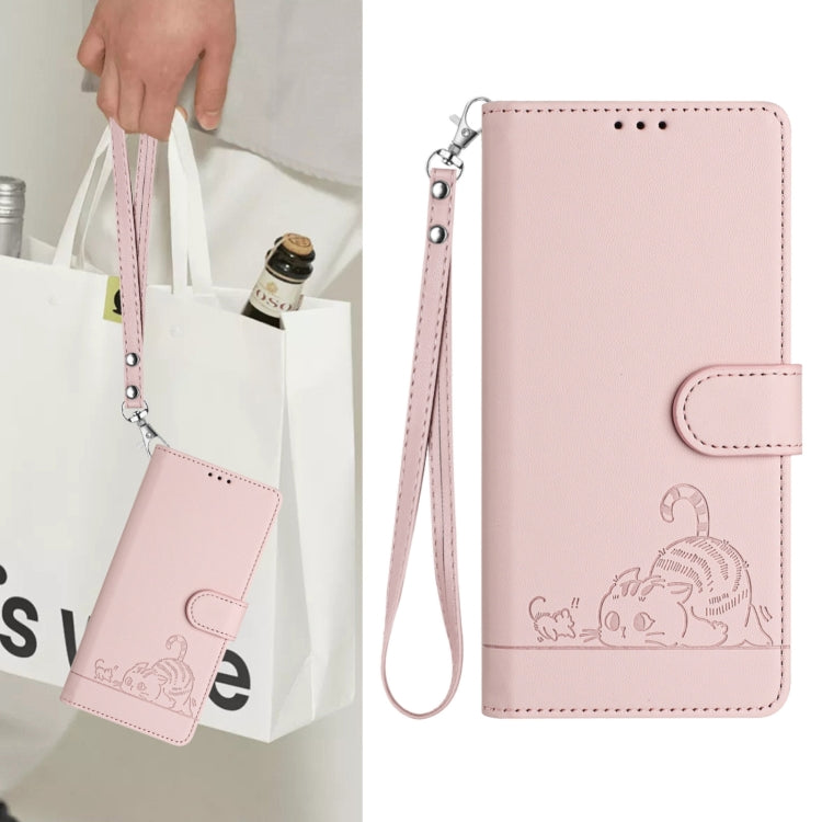 For Samsung Galaxy S25 Ultra 5G Cat Rat Embossed Pattern RFID Leather Phone Case with Lanyard(Pink) by buy2fix