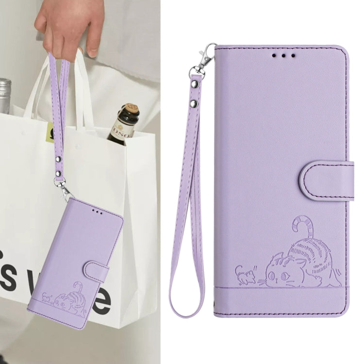 For Samsung Galaxy S25 Ultra 5G Cat Rat Embossed Pattern RFID Leather Phone Case with Lanyard(Purple) by buy2fix