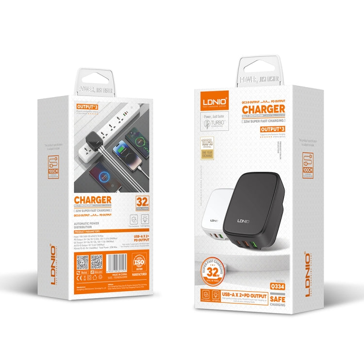 LDNIO Q334 32W Type-C + Dual USB Port Charger with 1m USB-C / Type-C to 8 Pin Data Cable, Plug Type:UK Plug(Black) by LDNIO