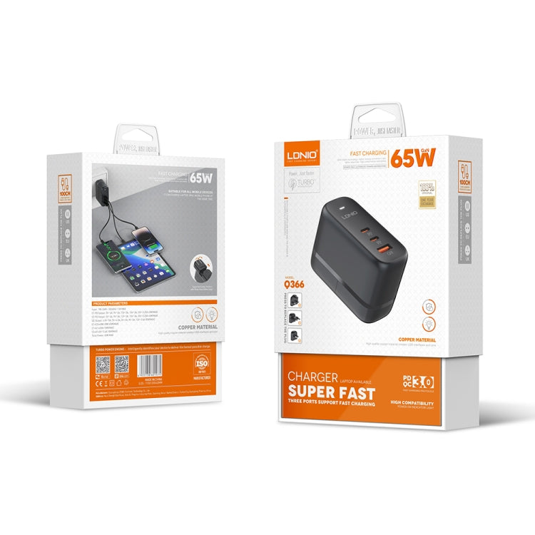 LDNIO Q366 65W USB + Dual Type-C Port Charger with 1m USB-C / Type-C to USB-C / Type-C Data Cable, Plug Type:EU Plug(Black) by LDNIO