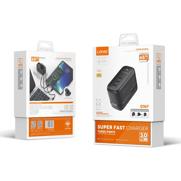 LDNIO Q367 65W GaN 3 x USB-C / Type-C Interface Charger with 1m USB-C / Type-C to USB-C / Type-C Data Cable, Plug Type:UK Plug(Black) by LDNIO