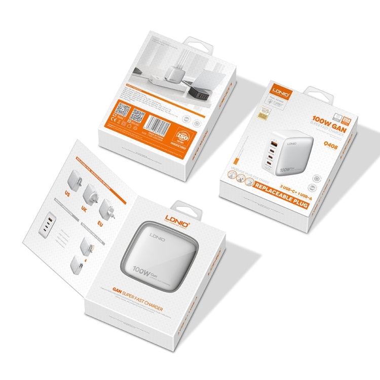 LDNIO Q408 100W GaN USB+3 USB-C / Type-C Interface Charger with 1m 100W USB-C / Type-C to USB-C / Type-C Data Cable, Plug Type:US Plug(White) by LDNIO