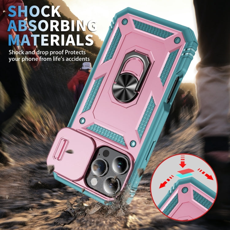 For iPhone 16 Pro Sliding Camshield TPU + PC Phone Case with Holder(Pink+Green) by buy2fix