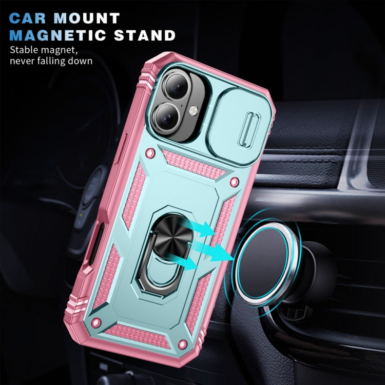 For iPhone 16 Plus Sliding Camshield TPU + PC Phone Case with Holder(Pink+Green) by buy2fix