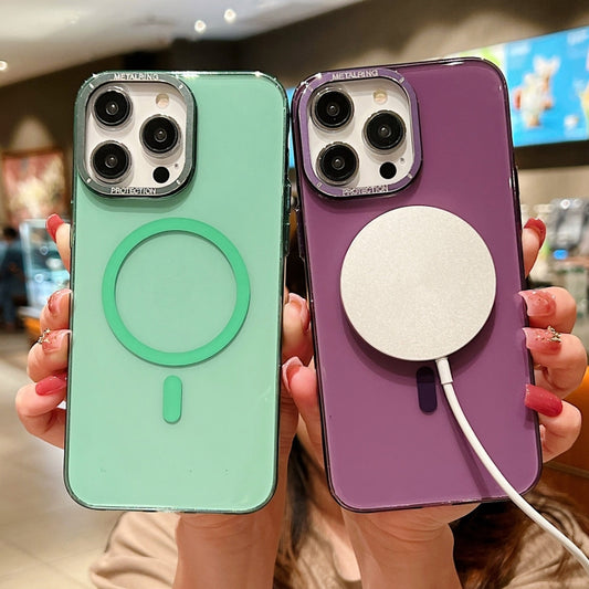 For iPhone 13 Golden Shield HD Transparent MagSafe PC Phone Case(Purple) by buy2fix