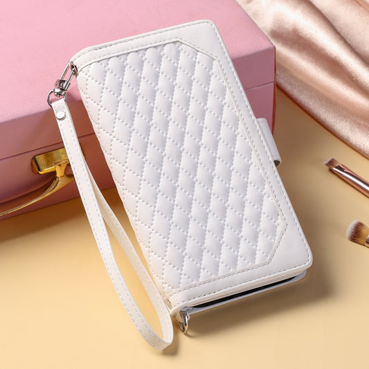 For Google Pixel 9 Pro XL Grid Texture Zipper Leather Phone Case with Lanyard(White) by buy2fix