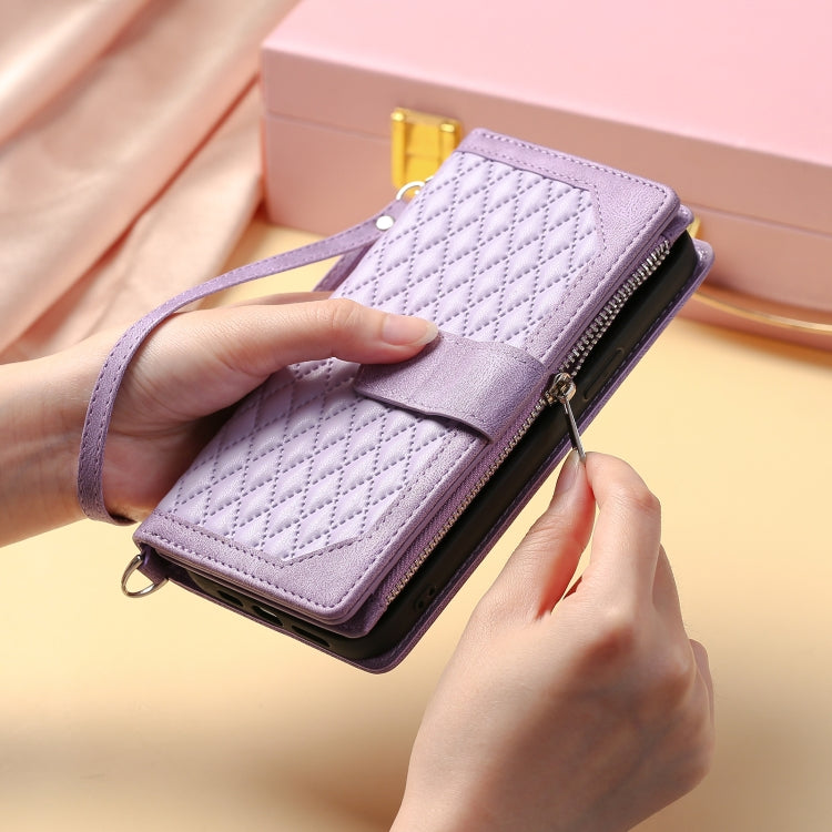 For Google Pixel 9 / 9 Pro Grid Texture Zipper Leather Phone Case with Lanyard(Purple) by buy2fix