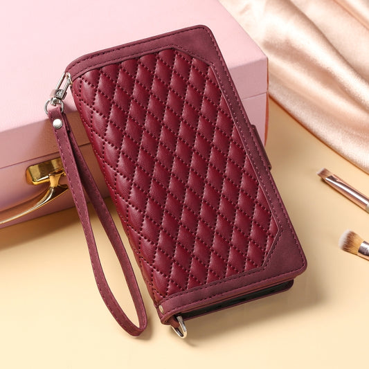 For Google Pixel 9 / 9 Pro Grid Texture Zipper Leather Phone Case with Lanyard(Wine Red) by buy2fix