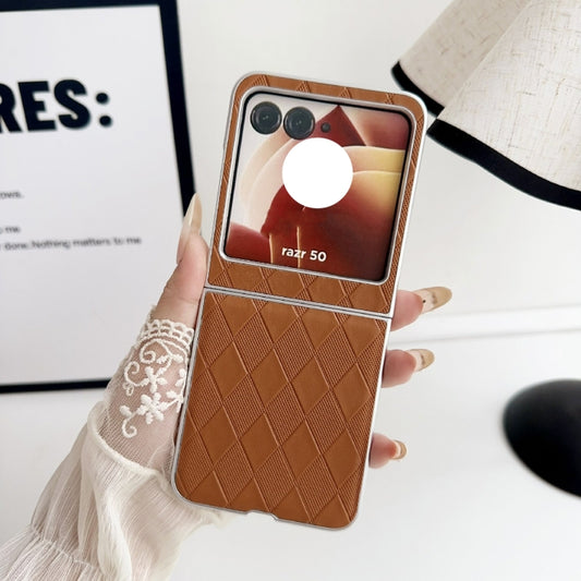 For Motorola Razr 50 Ultra Pearlescent Paint Diamond Shaped Checkered Leather Phone Case(Brown) by buy2fix