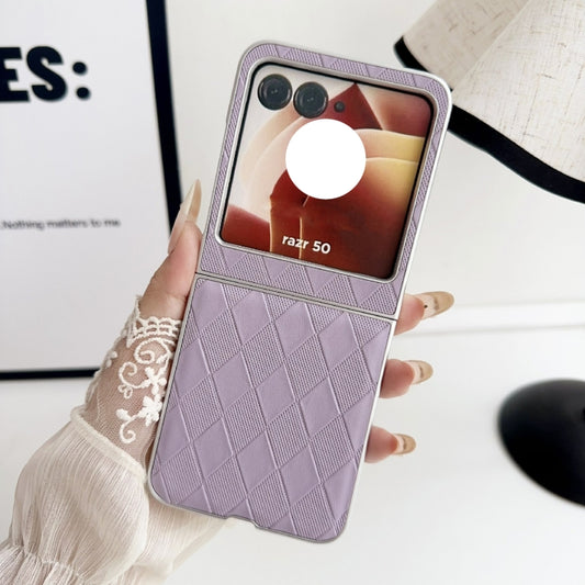 For Motorola Razr 50 Ultra Pearlescent Paint Diamond Shaped Checkered Leather Phone Case(Purple) by buy2fix