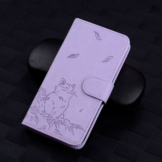 For iPhone 16 Pro Cute Cat Embossed Leather Phone Case(Purple) by buy2fix
