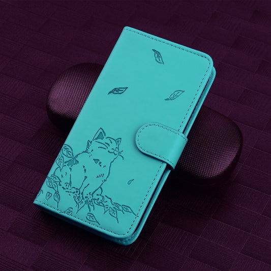 For iPhone 16 Plus Cute Cat Embossed Leather Phone Case(Lake Blue) by buy2fix