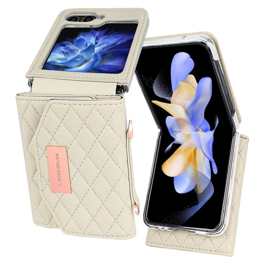 For Samsung Galaxy Z Flip5 VIETAO Rhombic Texture Wallet PU Phone Case with Long Lanyard(Beige) - Galaxy Z Flip5 Cases by VIETAO | Online Shopping UK | buy2fix