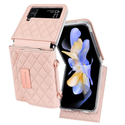 For Samsung Galaxy Z Flip4 VIETAO Rhombic Texture Wallet PU Phone Case with Long Lanyard(Pink) - Galaxy Z Flip4 5G Cases by VIETAO | Online Shopping UK | buy2fix