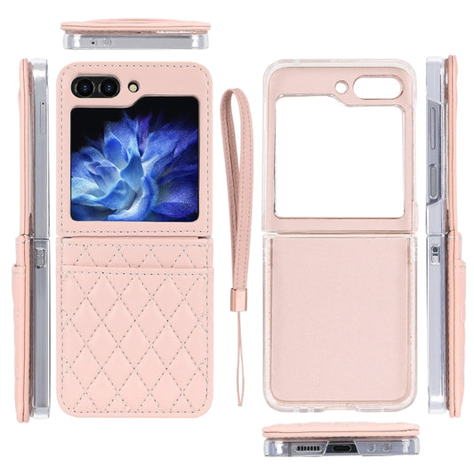 For Samsung Galaxy Z Flip5 VIETAO Rhombic Texture PU Card Slot Phone Case with Lanyard(Pink) - Galaxy Z Flip5 Cases by VIETAO | Online Shopping UK | buy2fix