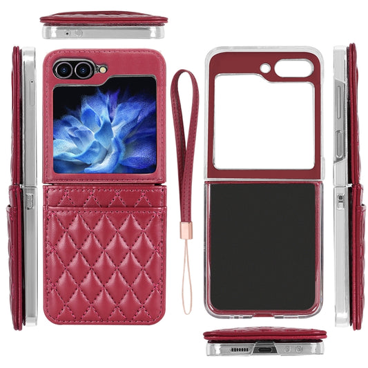 For Samsung Galaxy Z Flip5 VIETAO Rhombic Texture PU Card Slot Phone Case with Lanyard(Red) - Galaxy Z Flip5 Cases by VIETAO | Online Shopping UK | buy2fix