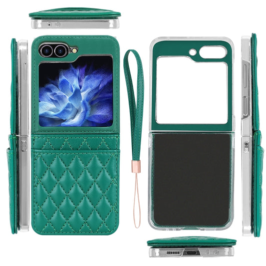 For Samsung Galaxy Z Flip5 VIETAO Rhombic Texture PU Card Slot Phone Case with Lanyard(Green) - Galaxy Z Flip5 Cases by VIETAO | Online Shopping UK | buy2fix