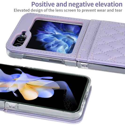 For Samsung Galaxy Z Flip5 VIETAO Rhombic Texture PU Card Slot Phone Case with Lanyard(Purple) - Galaxy Z Flip5 Cases by VIETAO | Online Shopping UK | buy2fix