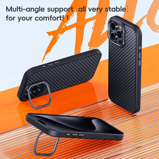 For iPhone 16 Pro Max Carbon Fiber Kevlar Lens Holder MagSafe Magnetic Phone Case(Black) by buy2fix