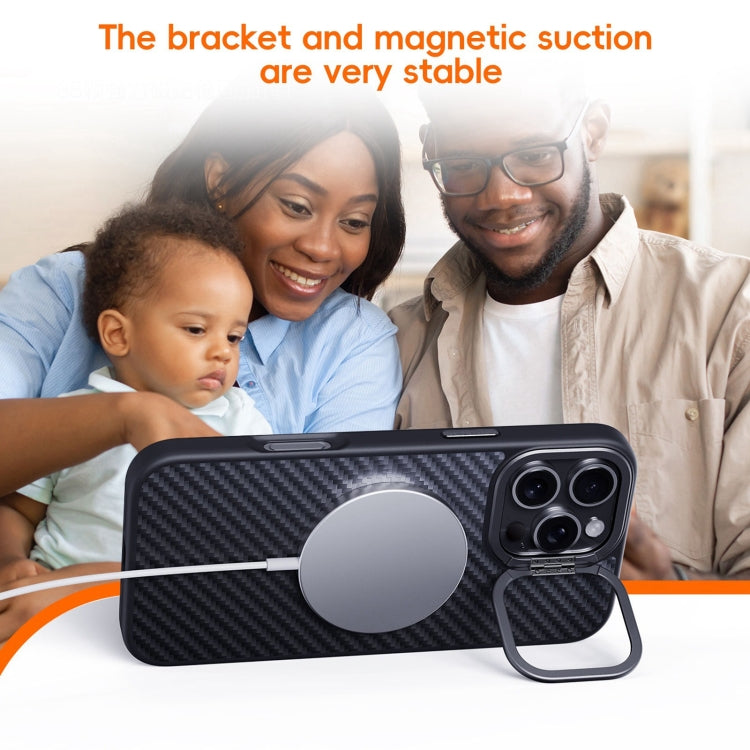 For iPhone 16 Plus Carbon Fiber Kevlar Lens Holder MagSafe Magnetic Phone Case(Black) by buy2fix