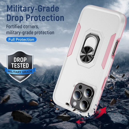 For iPhone 16 Pro Pioneer Armor Heavy Duty PC + TPU Phone Case with Holder(White+Pink) by buy2fix