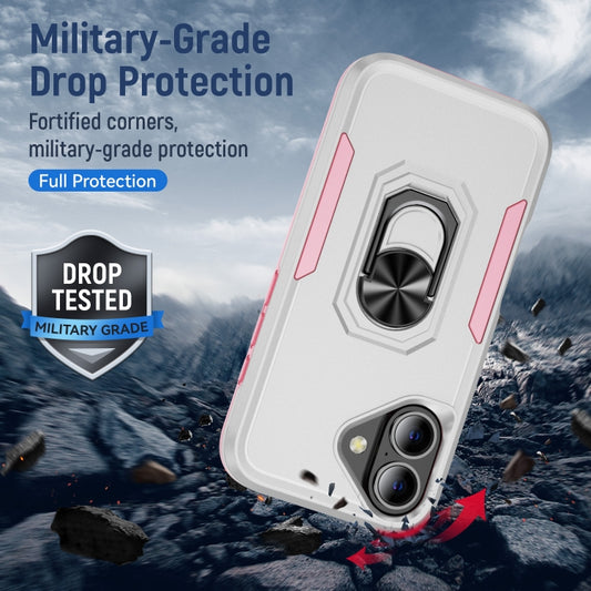 For iPhone 16 Pioneer Armor Heavy Duty PC + TPU Phone Case with Holder(White+Pink) by buy2fix