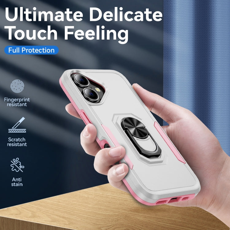 For iPhone 16 Pioneer Armor Heavy Duty PC + TPU Phone Case with Holder(White+Pink) by buy2fix