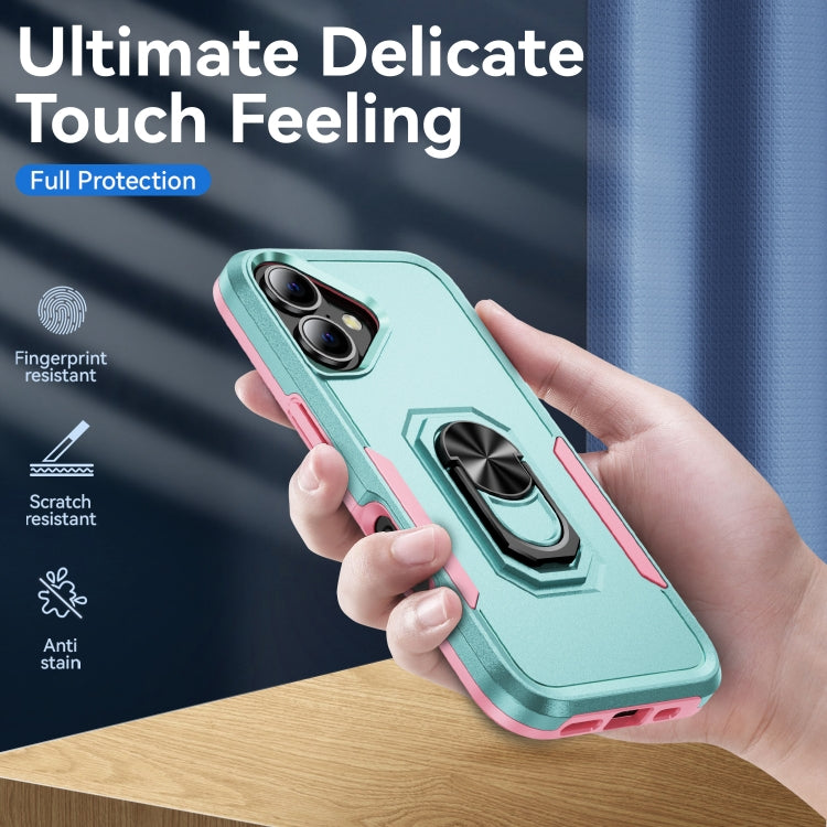 For iPhone 16 Pioneer Armor Heavy Duty PC + TPU Phone Case with Holder(Green+Pink) by buy2fix
