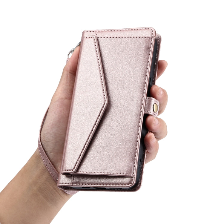 For iPhone 16 Wallet Multi-card Slot Leather Phone Case with Lanyard(Rose Gold) by buy2fix