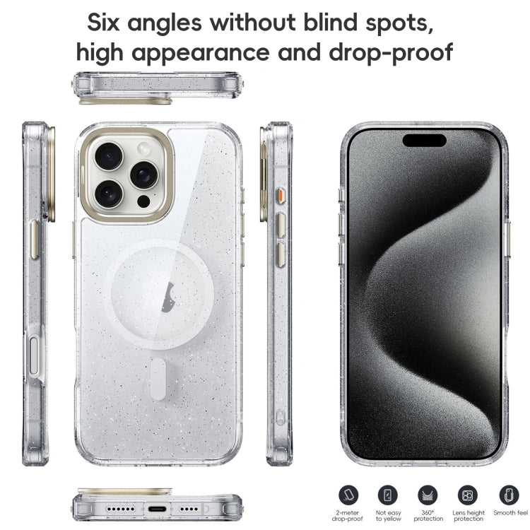 For iPhone 16 Plus Glitter Powder Lens Holder MagSafe Magnetic Phone Case(Transparent Titanium Blue) by buy2fix
