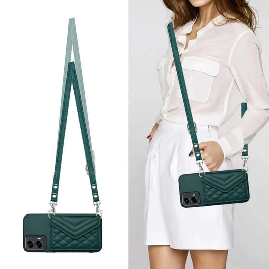 For Motorola Moto G 5G 2024 Rhombic Texture Card Bag RFID Phone Case with Long Lanyard(Green) by buy2fix