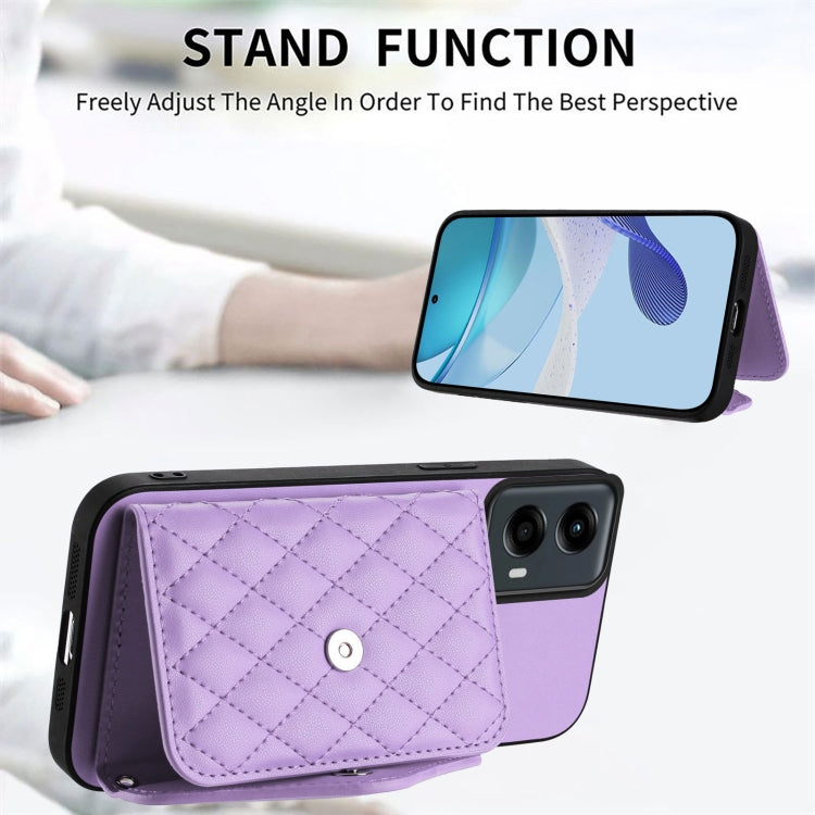 For Motorola Moto G 5G 2024 Rhombic Texture Card Bag RFID Phone Case with Long Lanyard(Light Purple) by buy2fix