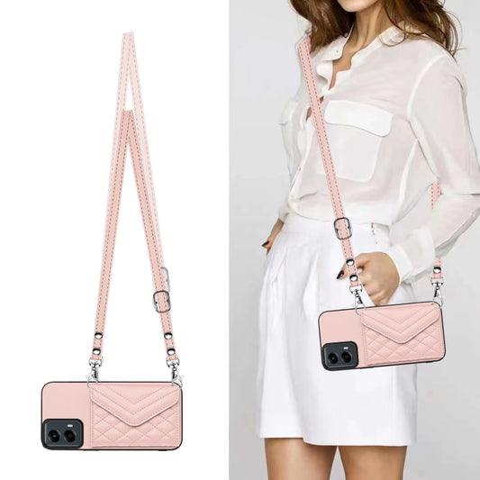 For Motorola Moto G 5G 2024 Rhombic Texture Card Bag RFID Phone Case with Long Lanyard(Rose Gold) by buy2fix